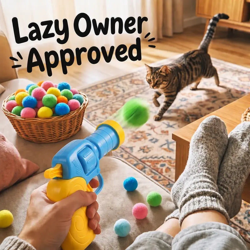 Cat Ball Launcher Toy, Interactive Cat Toys for Indoor Cats, 1 Launcher + 30 Soft Pom Pom Balls, No Batteries Needed, Plush Ball Shooter for Bored Indoor Adult Cats Kittens,Great Cat Lover Gift